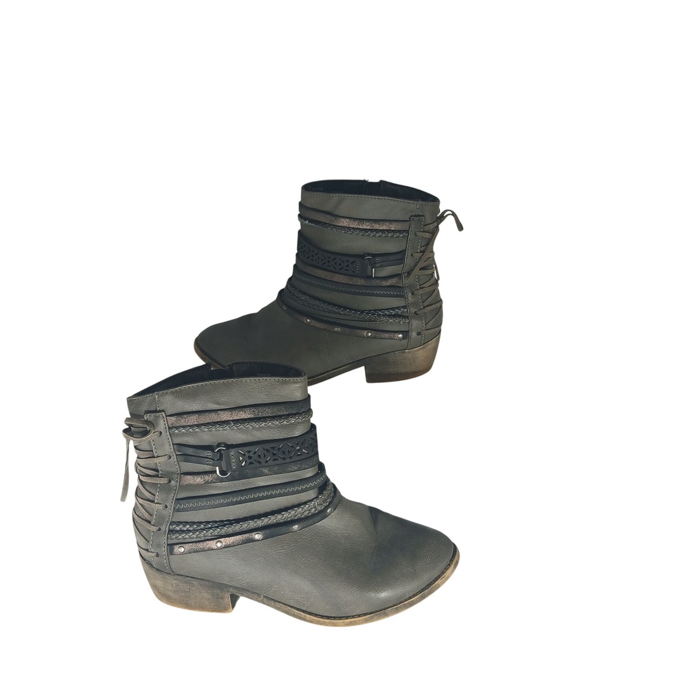 POP Sarene Ankle Boots 9M Gray Boho Western Strappy Lace Up Block Heel Booties